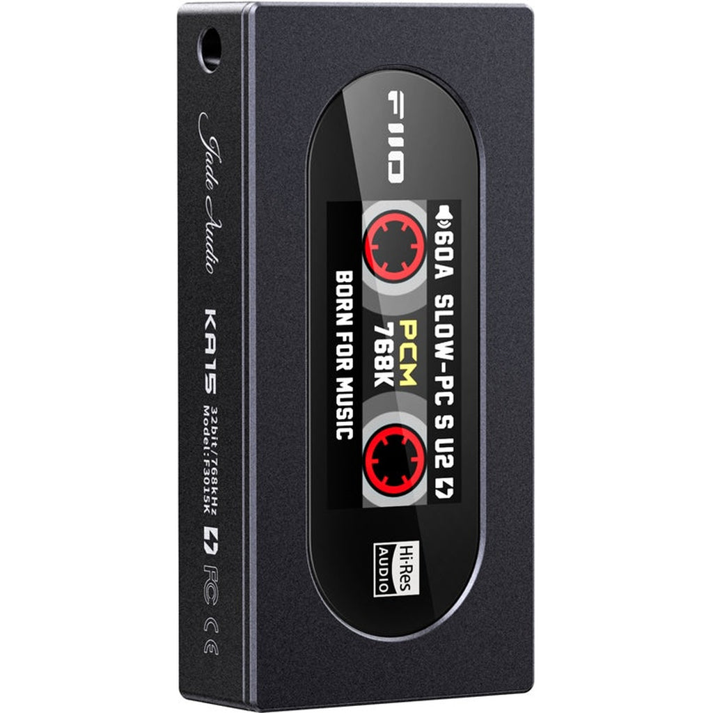 FiiO KA15 headphone amplifier and DAC with sleek black design and compact form, featuring multiple input options and control knobs.
