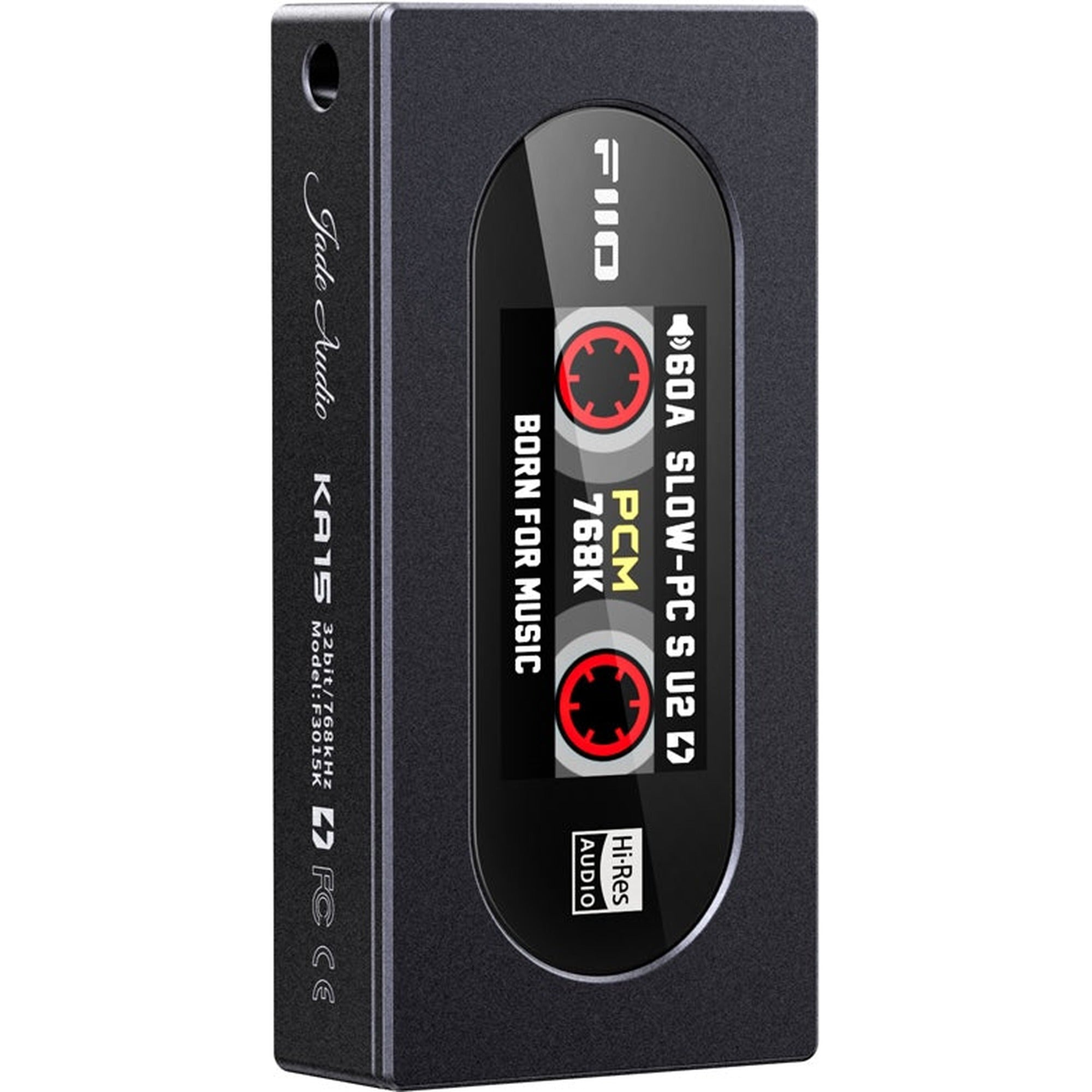 FiiO KA15 headphone amplifier and DAC with sleek black design and compact form, featuring multiple input options and control knobs.