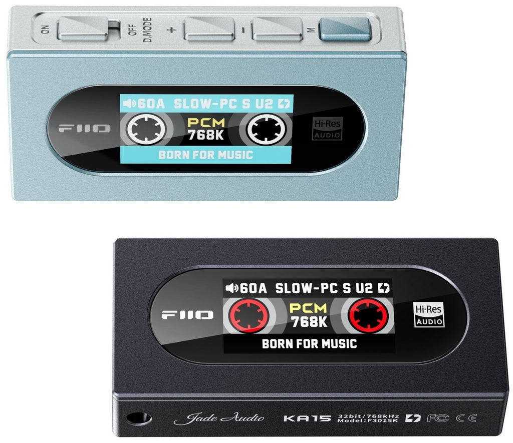 FiiO KA15 headphone amplifier and DAC with compact design, silver finish, and input/output ports visible on the front.