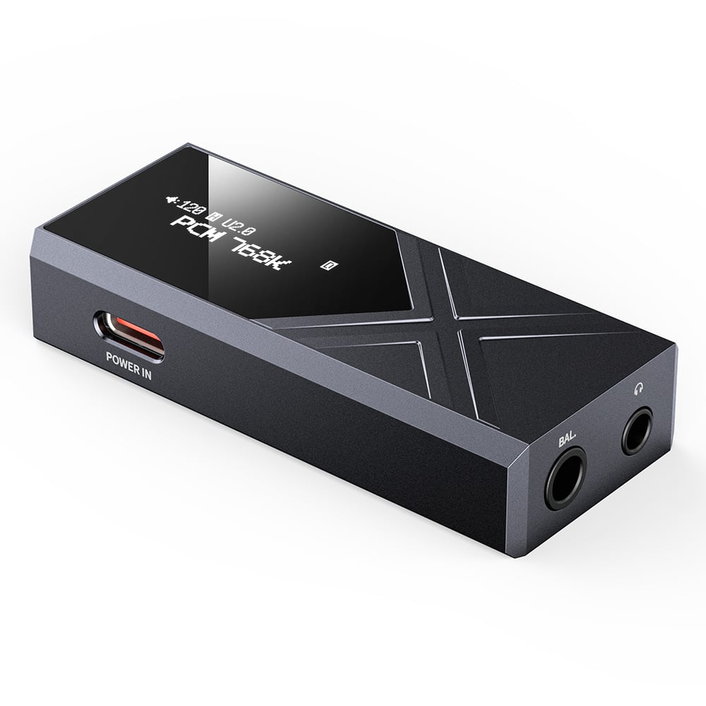 FiiO KA17 headphone amplifier and DAC device with textured black finish, visible input and control ports on front panel.