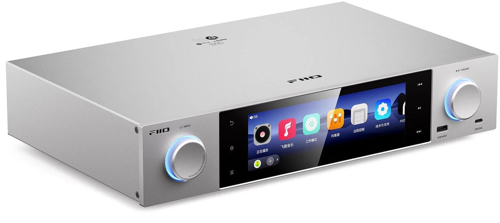 FiiO S15 music streamer and DAC with sleek black finish, multiple input ports, and compact design for high-quality audio streaming