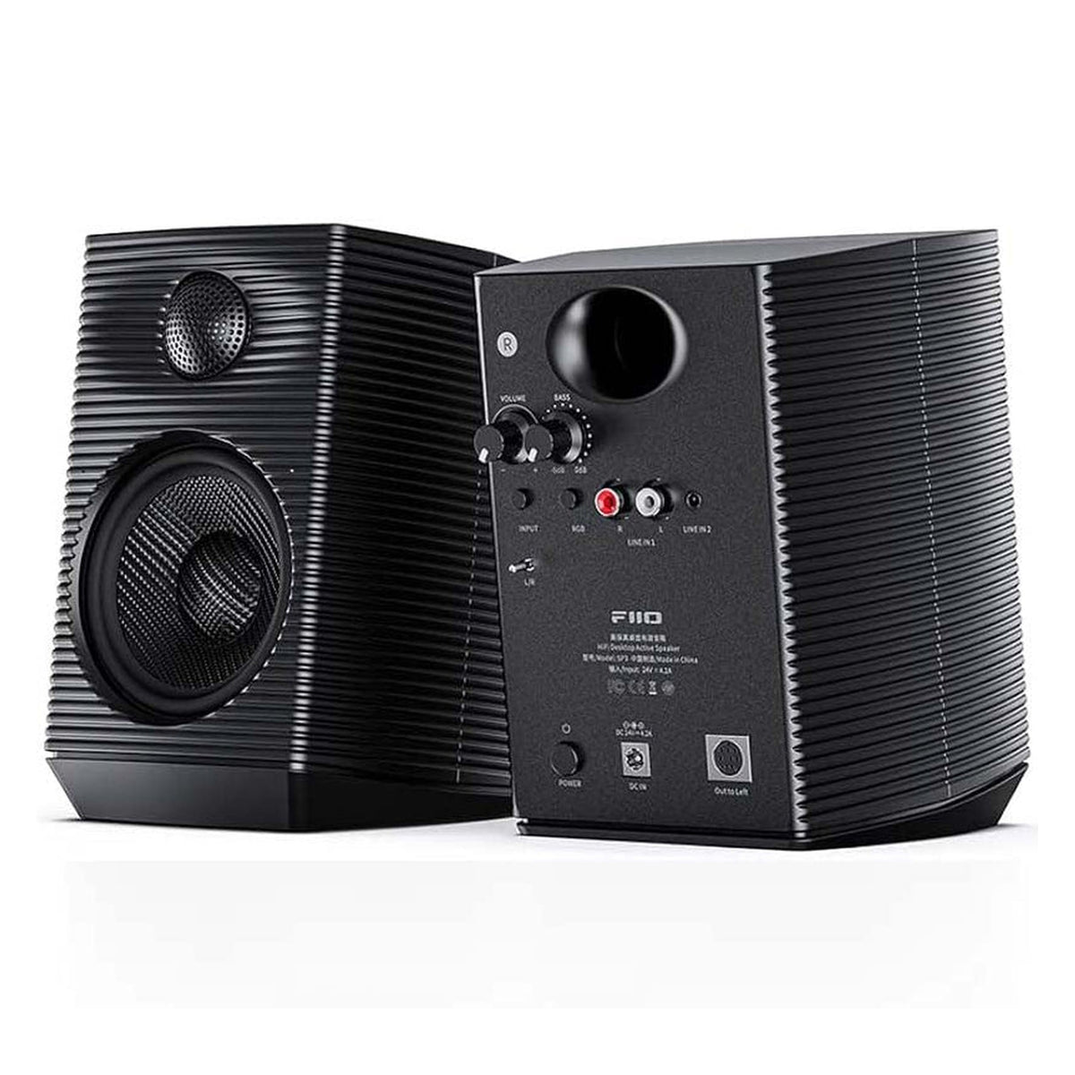 FiiO SP3 BT desktop speakers with sleek design, featuring two speaker units and Bluetooth connectivity for high-quality audio.