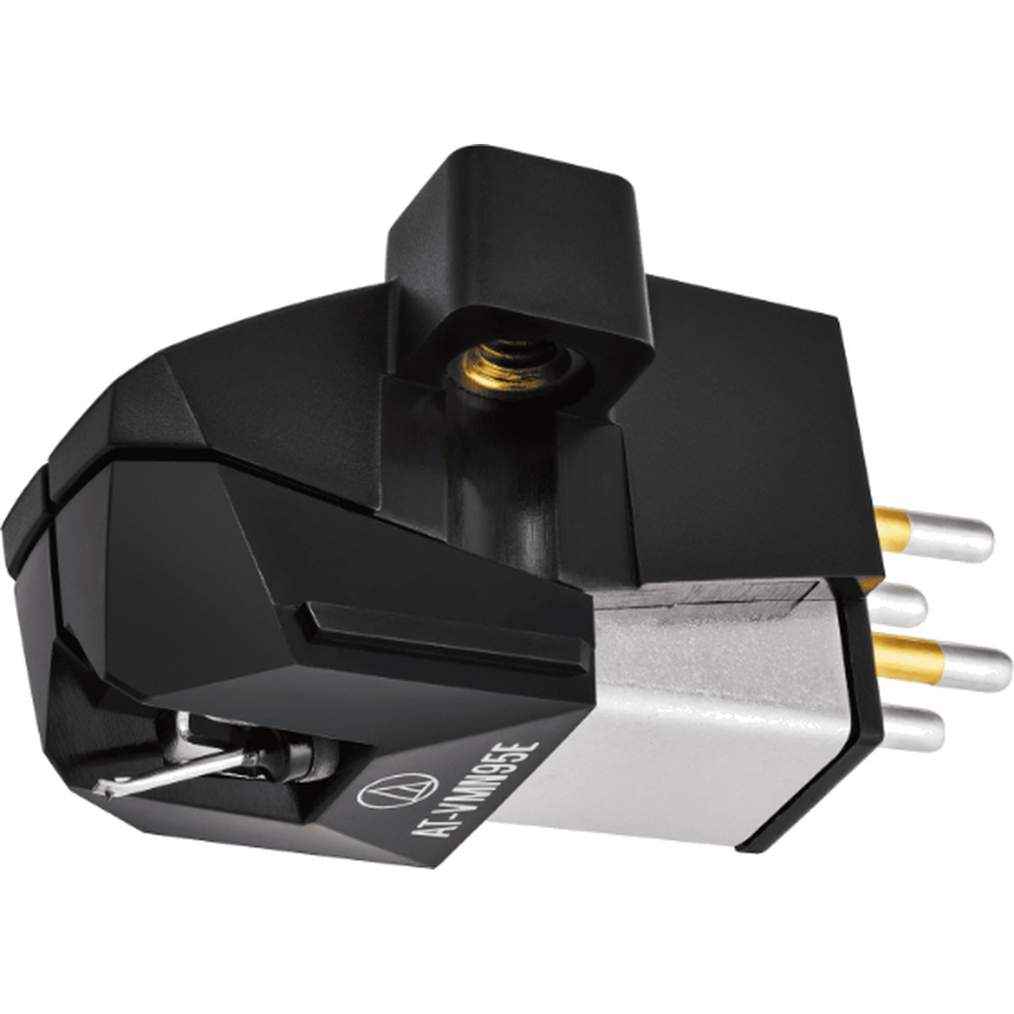 Audio Technica AT-VM95EBK turntable cartridge shown from the side, featuring a black body and stylus for vinyl record playback.