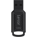 Lexar JumpDrive V400 USB 3.0 flash drive with blue plastic casing and silver connector on a white background.