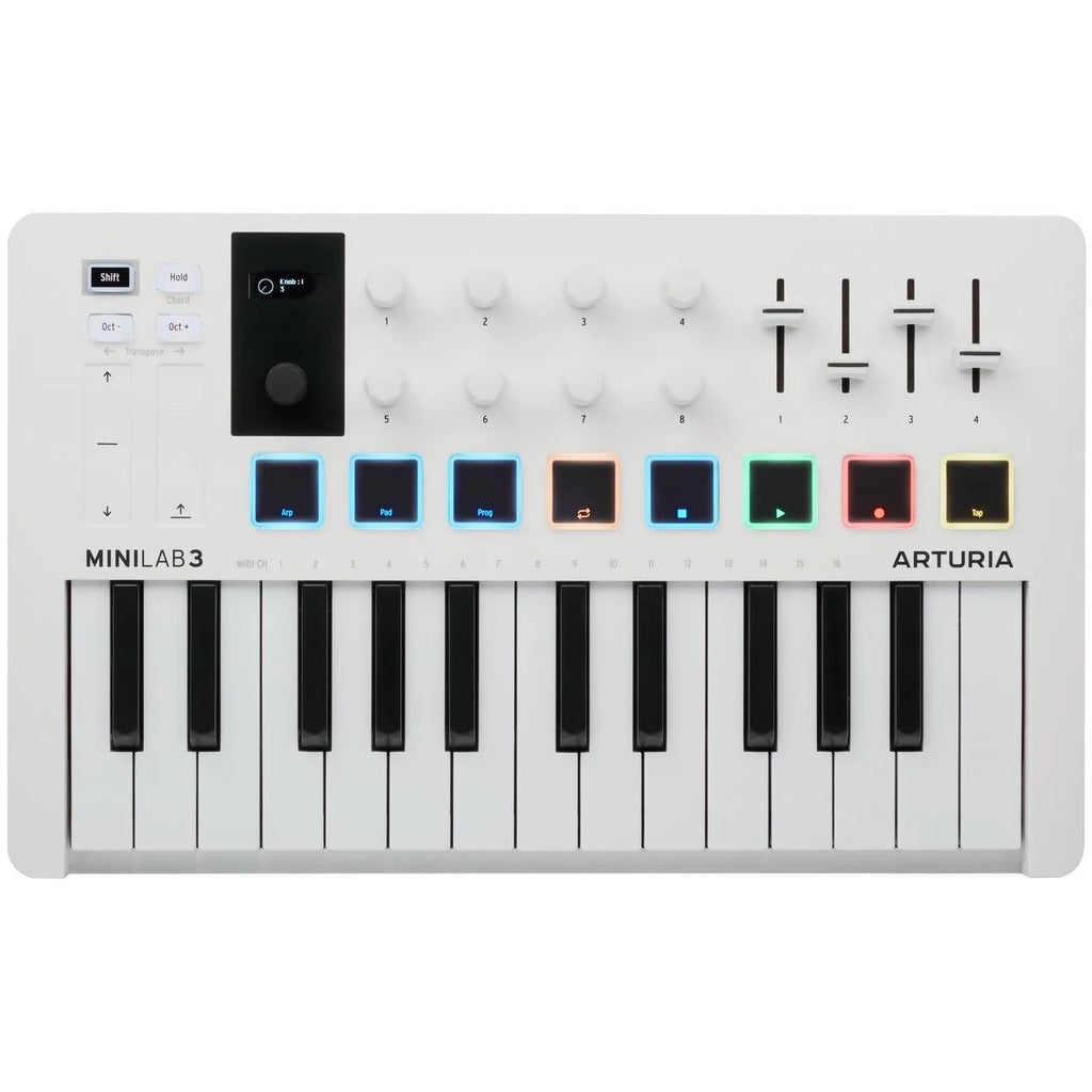 Arturia MiniLab 3 MIDI keyboard with compact design, featuring keys, knobs, and control pads for music production.