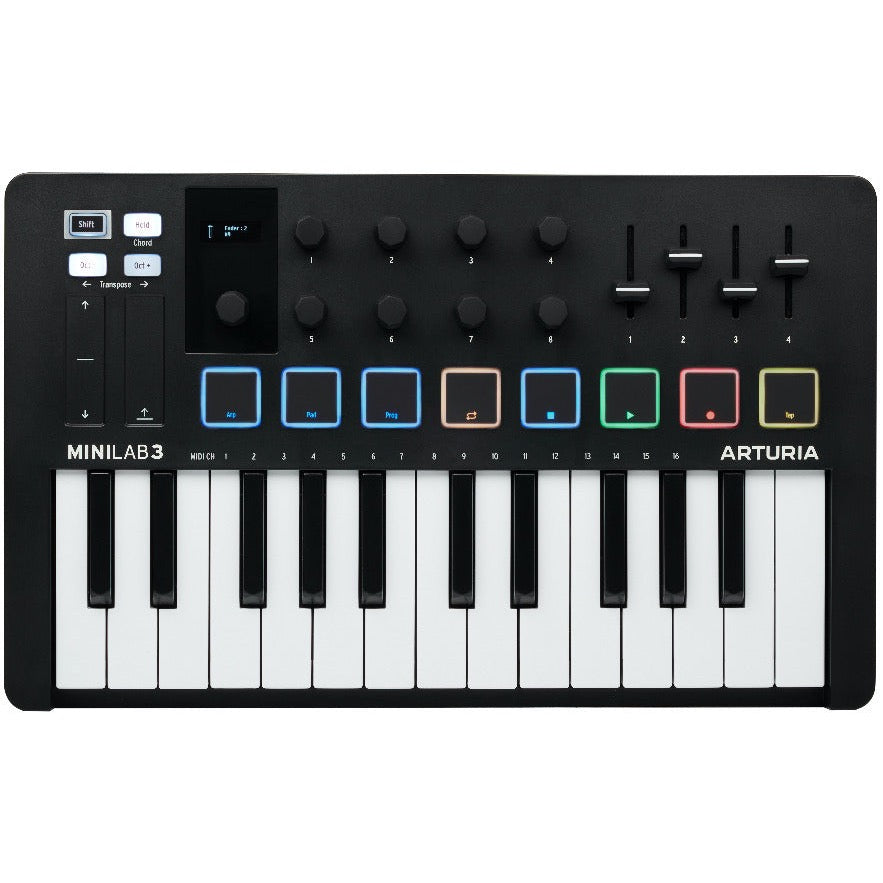 Arturia MiniLab 3 MIDI keyboard with compact design, featuring keys, knobs, and control surfaces for music production.