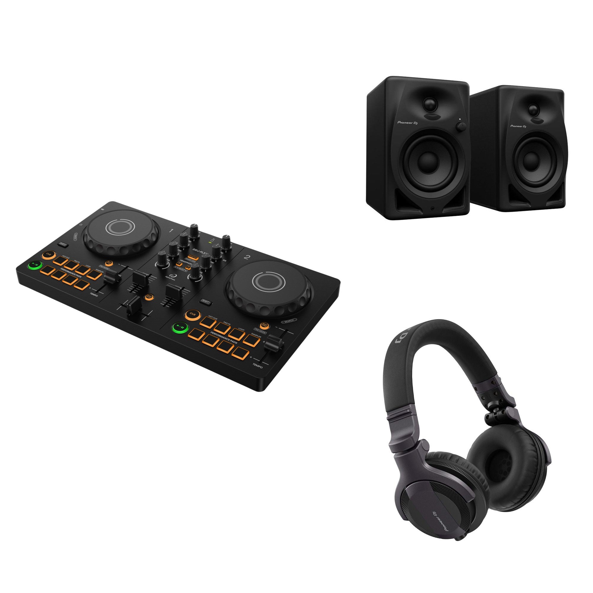 AlphaTheta DDJ-FLX2 DJ bundle setup in a bedroom studio with mixer, controllers, and audio equipment for home DJing.