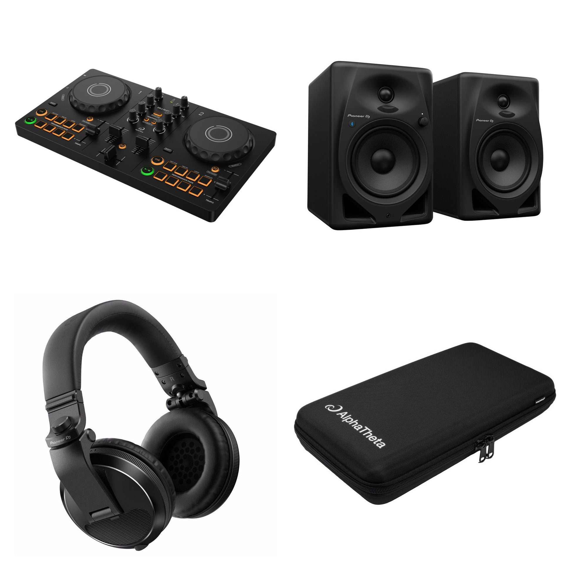 AlphaTheta DDJ-FLX2 DJ bundle with controller, headphones, and accessories for home use, ideal for beginner and hobbyist DJs.