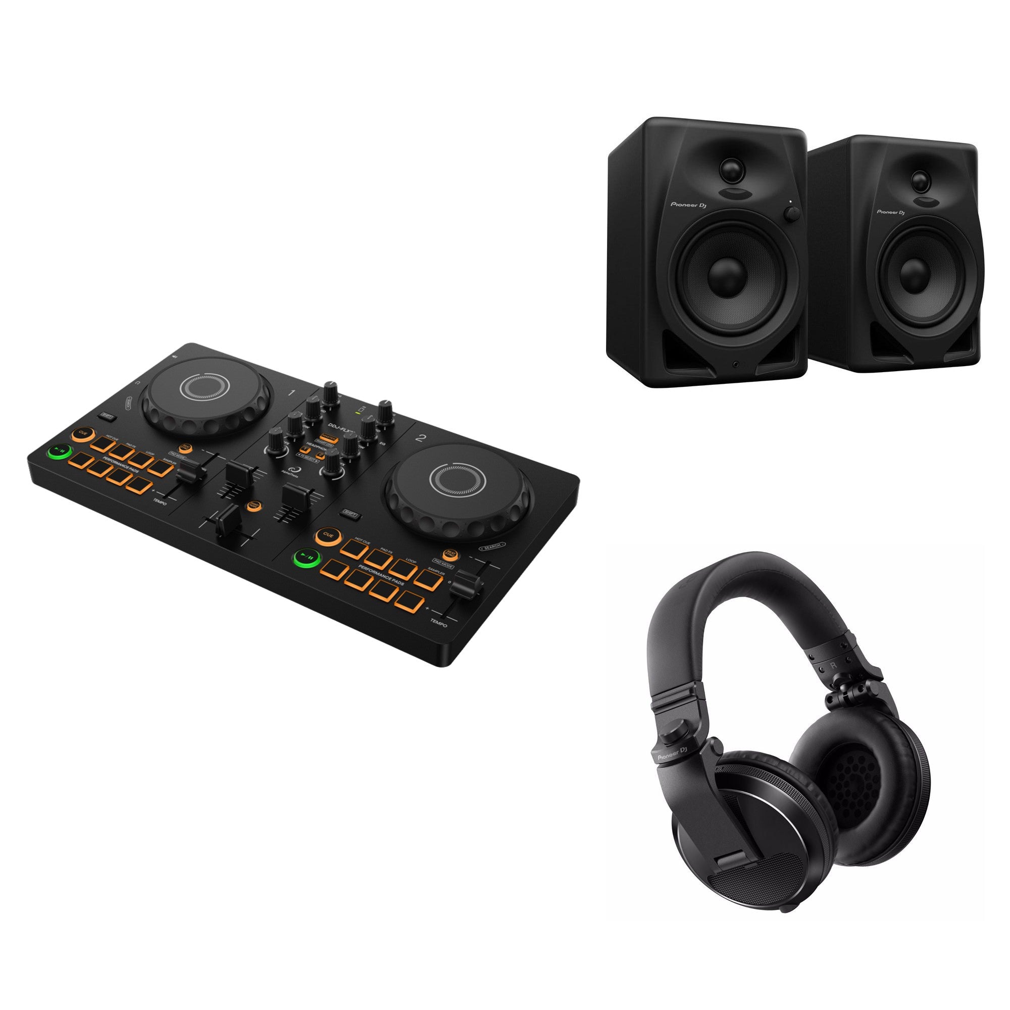 AlphaTheta DDJ-FLX2 home DJ studio bundle with controller, headphones, and accessories for beginner and professional DJs.