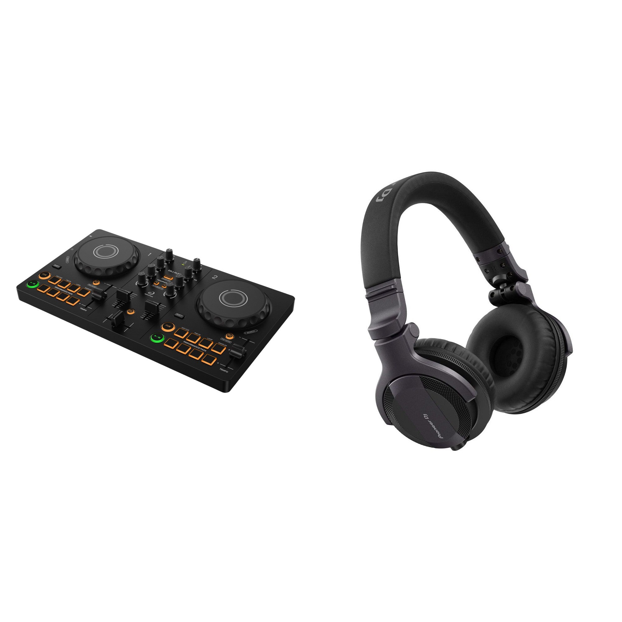 AlphaTheta DDJ-FLX2 DJ starter kit with controller, headphones, and accessories for beginner DJs, laid out on a white background.