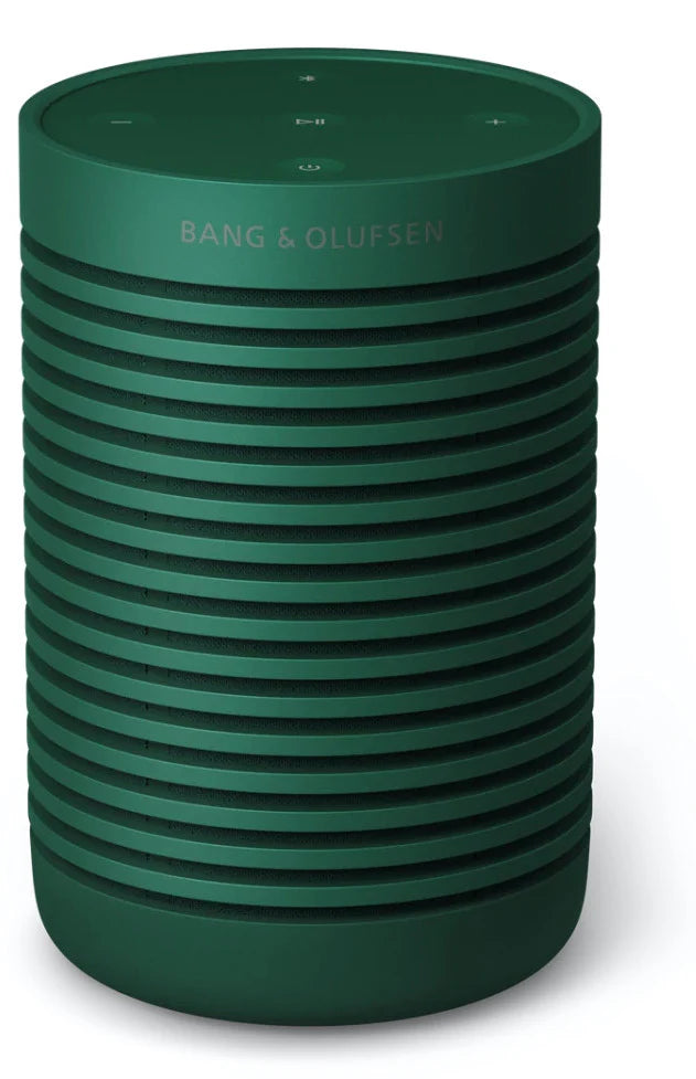 Bang & Olufsen Beosound Explore portable speaker with rugged design, front view showcasing the grille and control buttons.