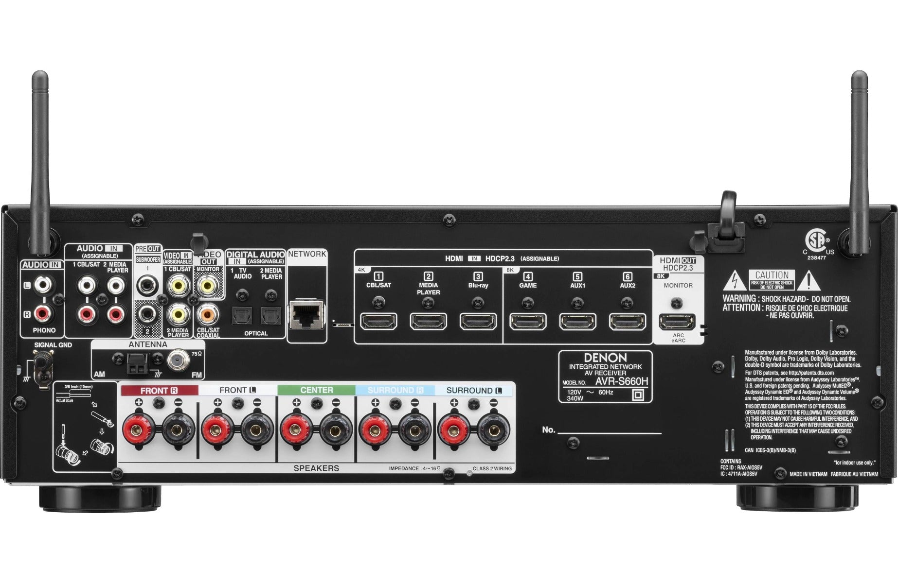 Denon AVR-S660H stereo amplifier with front panel controls and display, black finish, and multiple input options.