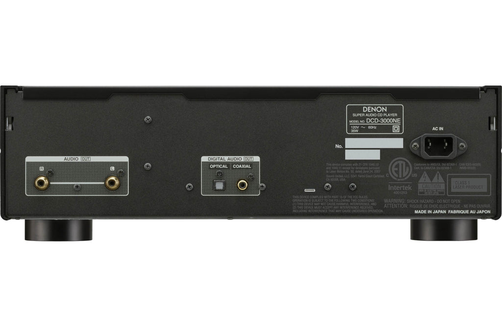 Denon DCD-3000NE CD player with sleek black design, front loading tray, and digital display for high-quality audio playback.