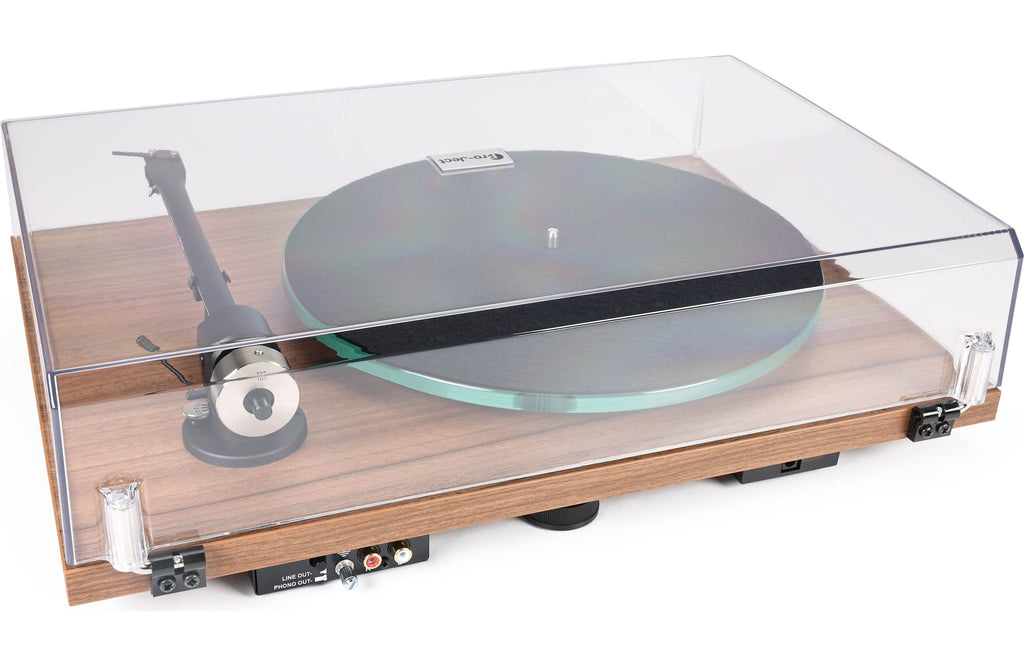 Pro-Ject T2 Super Phono turntable with sleek design and wooden finish, featuring tonearm and cartridge for high-quality vinyl playback.