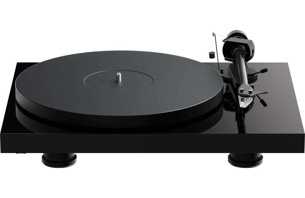 Pro-Ject Debut EVO 2 turntable with black matte finish, featuring tonearm and platter, showcasing sleek audio equipment design.