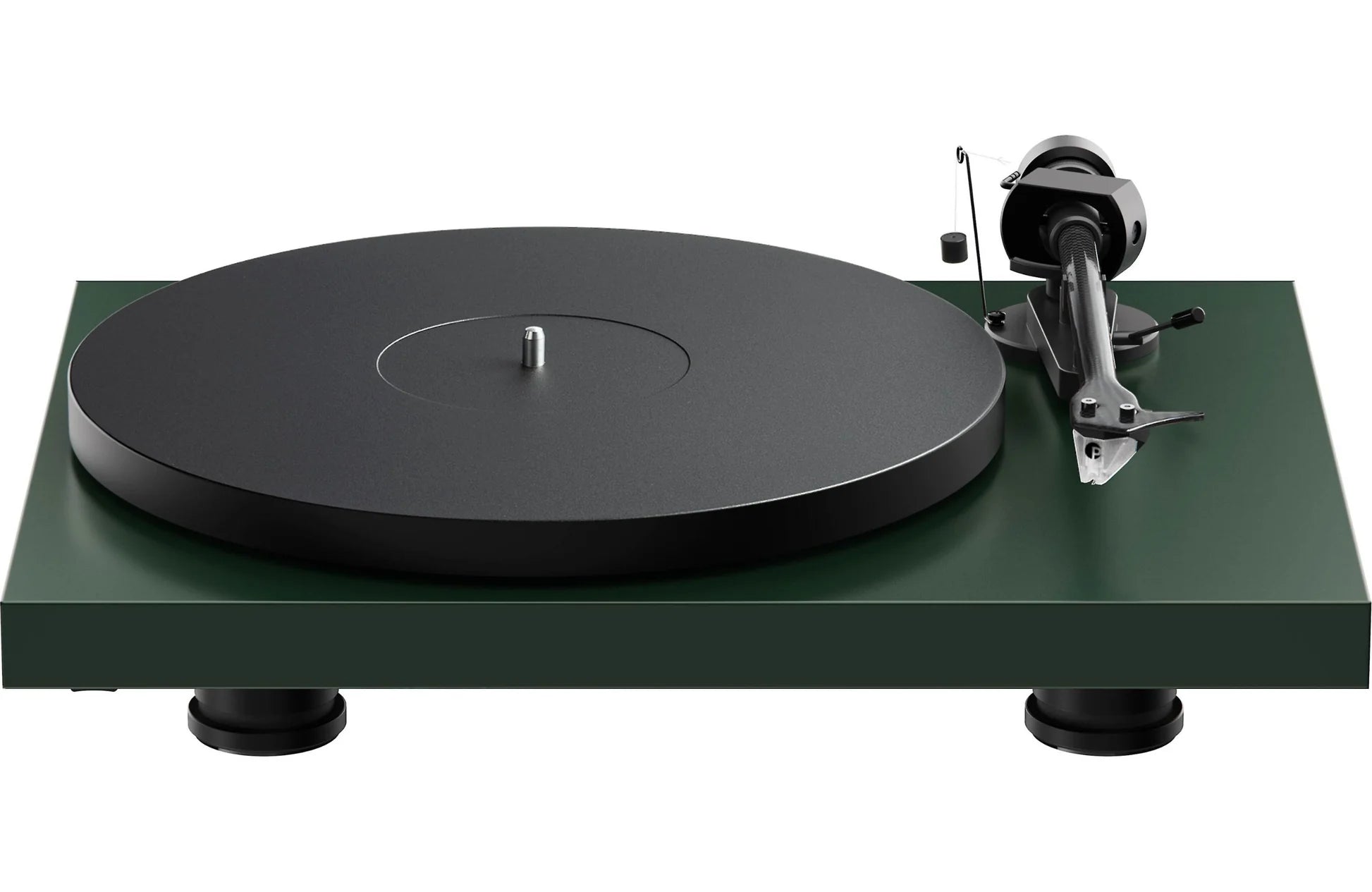 Pro-Ject Debut EVO 2 turntable with sleek black finish and modern design, showing tonearm and platter setup.