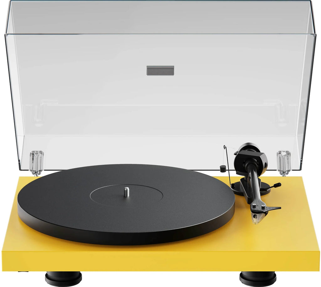 Pro-Ject Debut EVO 2 turntable with sleek black finish, featuring tonearm and platter on a sturdy base, ideal for high-quality vinyl listening.