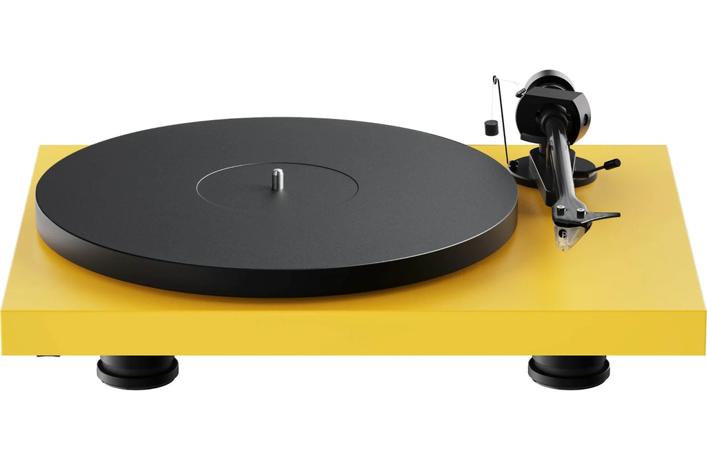 Pro-Ject Debut EVO 2 turntable with grey platter, featuring a sleek design and tonearm for high-quality vinyl playback.