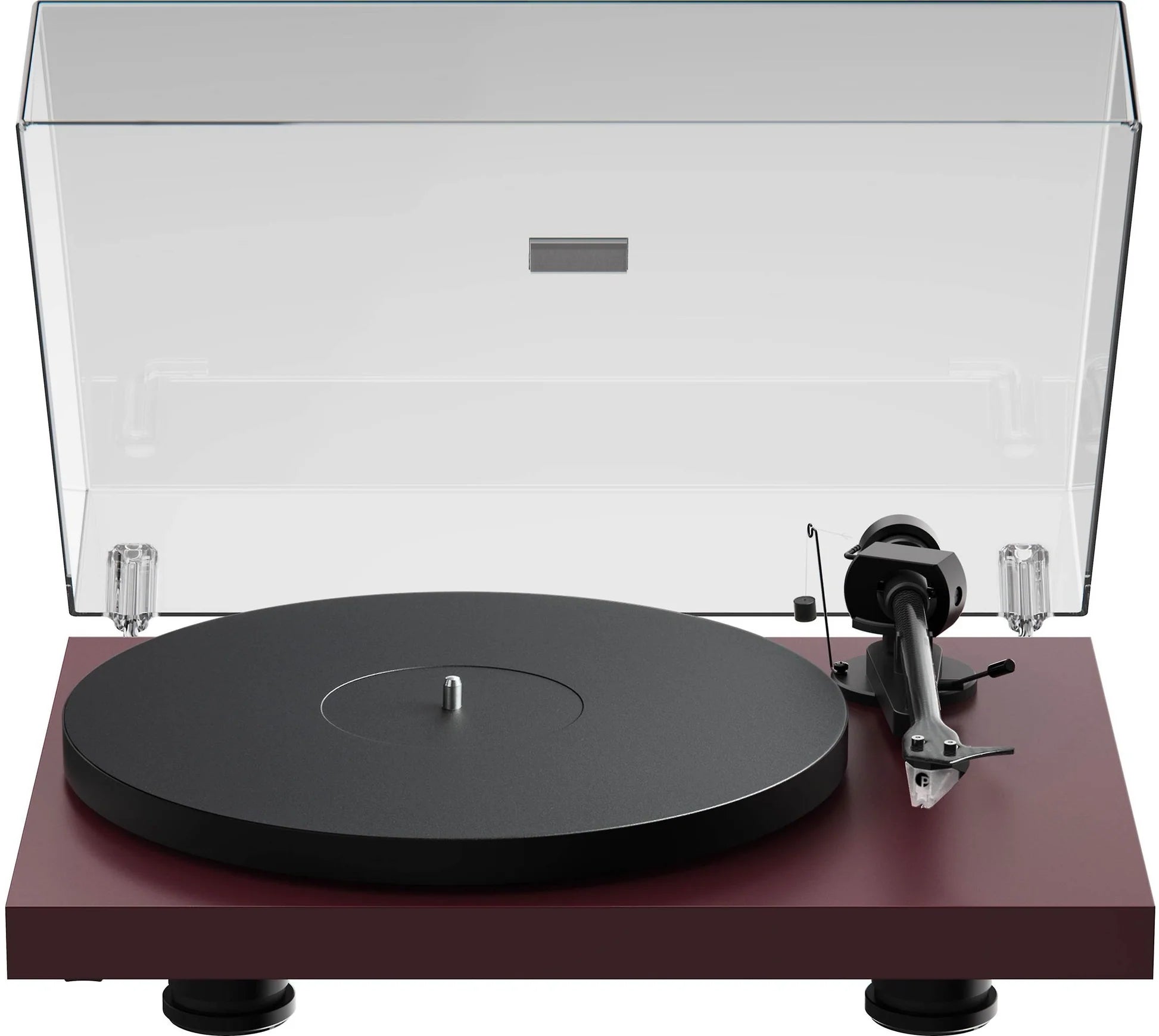 Pro-Ject Debut EVO 2 turntable with a sleek black finish, featuring a tonearm, platter, and stylus for high-quality vinyl playback.