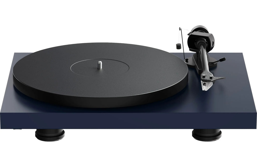 Pro-Ject Debut EVO 2 turntable with sleek silver tonearm and platter, showcasing modern design and high-quality audio components.