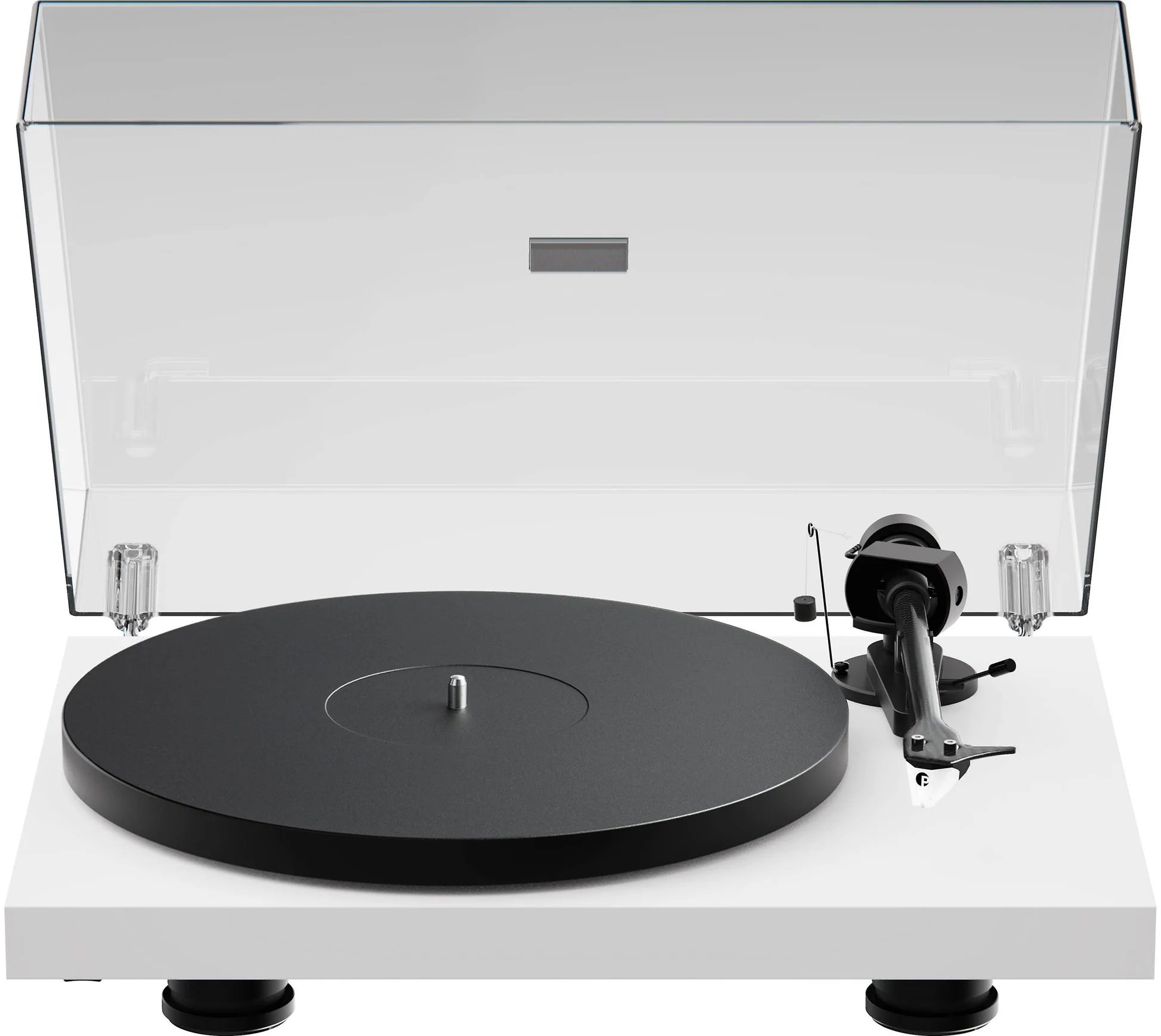 Pro-Ject Debut EVO 2 turntable with sleek white finish, featuring a tonearm and platter, designed for high-quality vinyl playback.