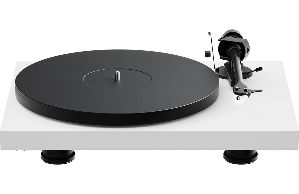 Pro-Ject Debut EVO 2 turntable with sleek white finish, featuring a tonearm and platter for high-quality vinyl playback.