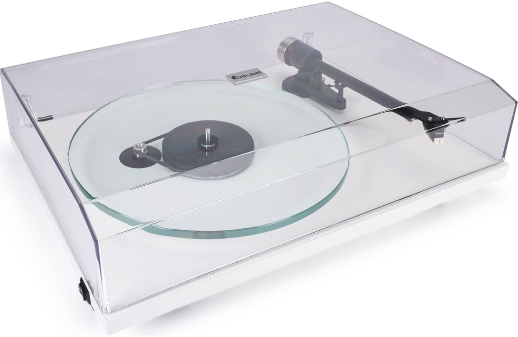 Pro-Ject T2 Super Phono turntable with sleek black finish, featuring a tonearm and platter for high-quality vinyl playback.