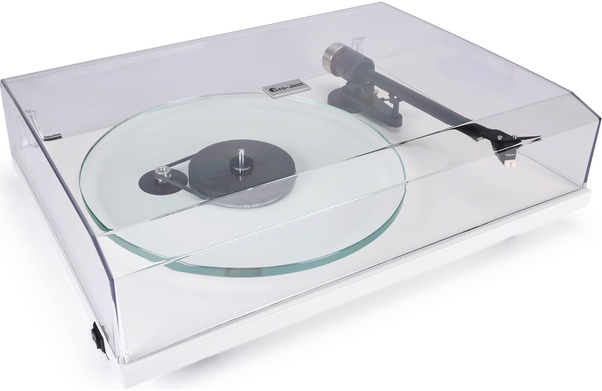 Pro-Ject T2 Super Phono turntable with sleek black finish, featuring a tonearm and platter for high-quality vinyl playback.