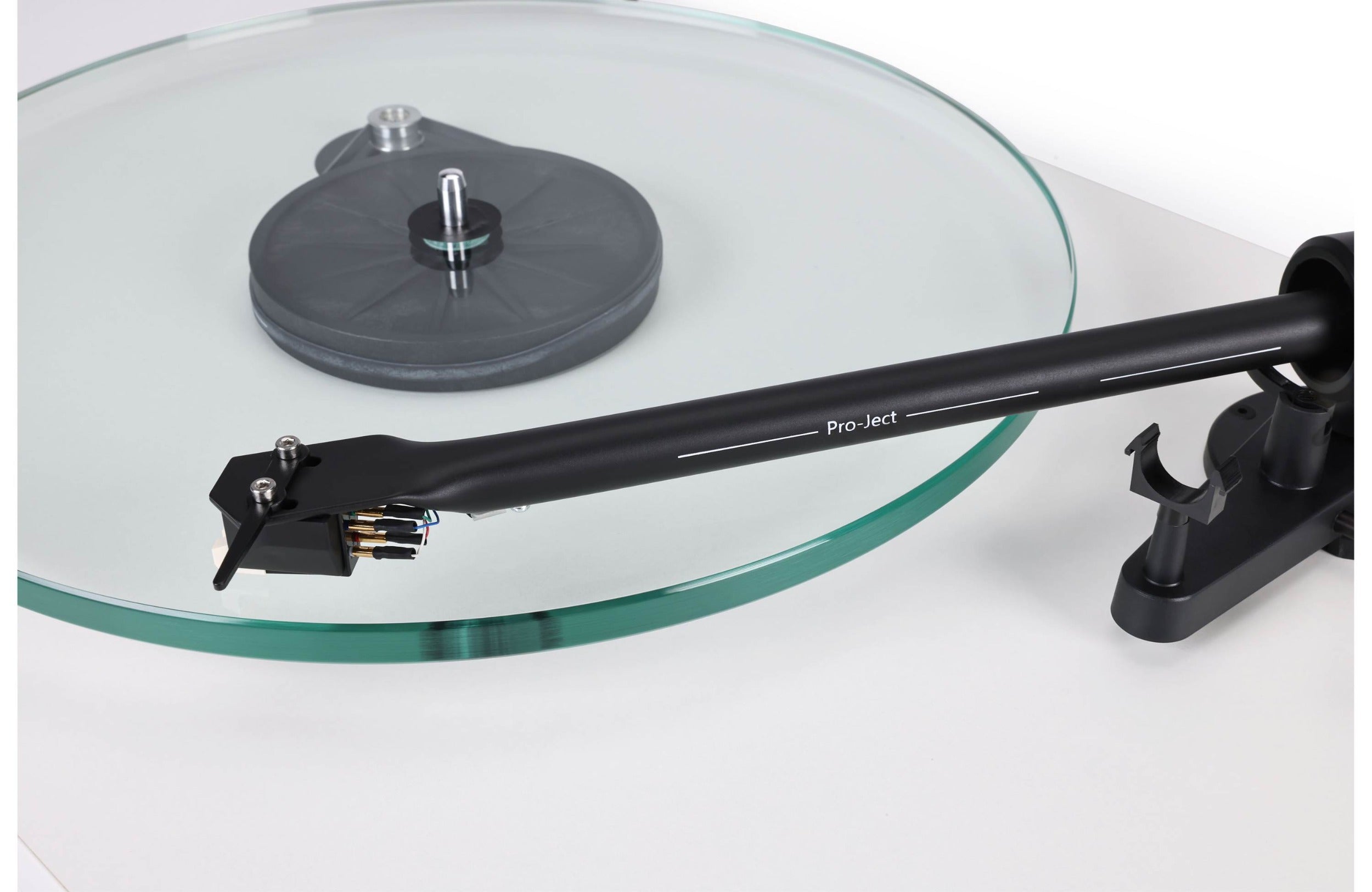 Pro-Ject T2 Super Phono turntable with sleek black finish and tonearm, designed for high-quality vinyl playback.