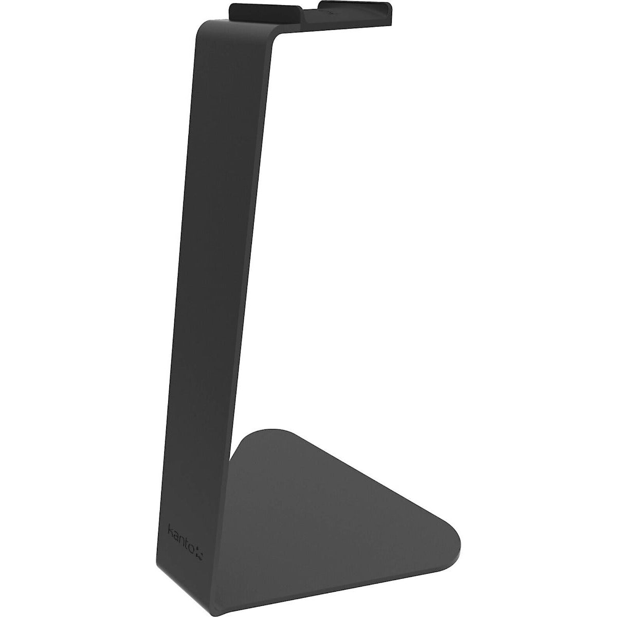Kanto Audio H1 headphone stand holding a pair of headphones, with a sleek black design and sturdy construction.