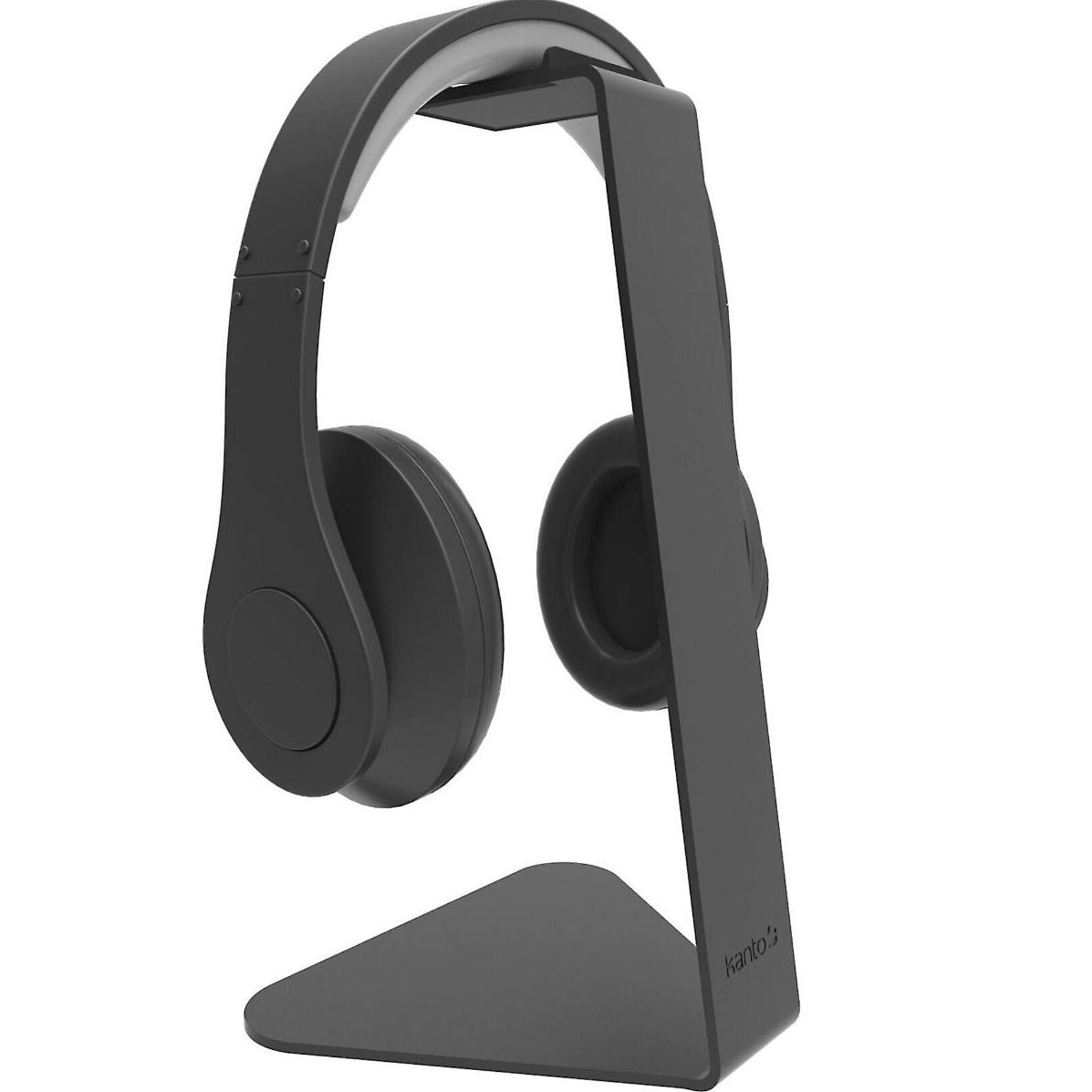 Kanto Audio H1 headphone stand holding a pair of headphones, made of sleek black material with a sturdy base.