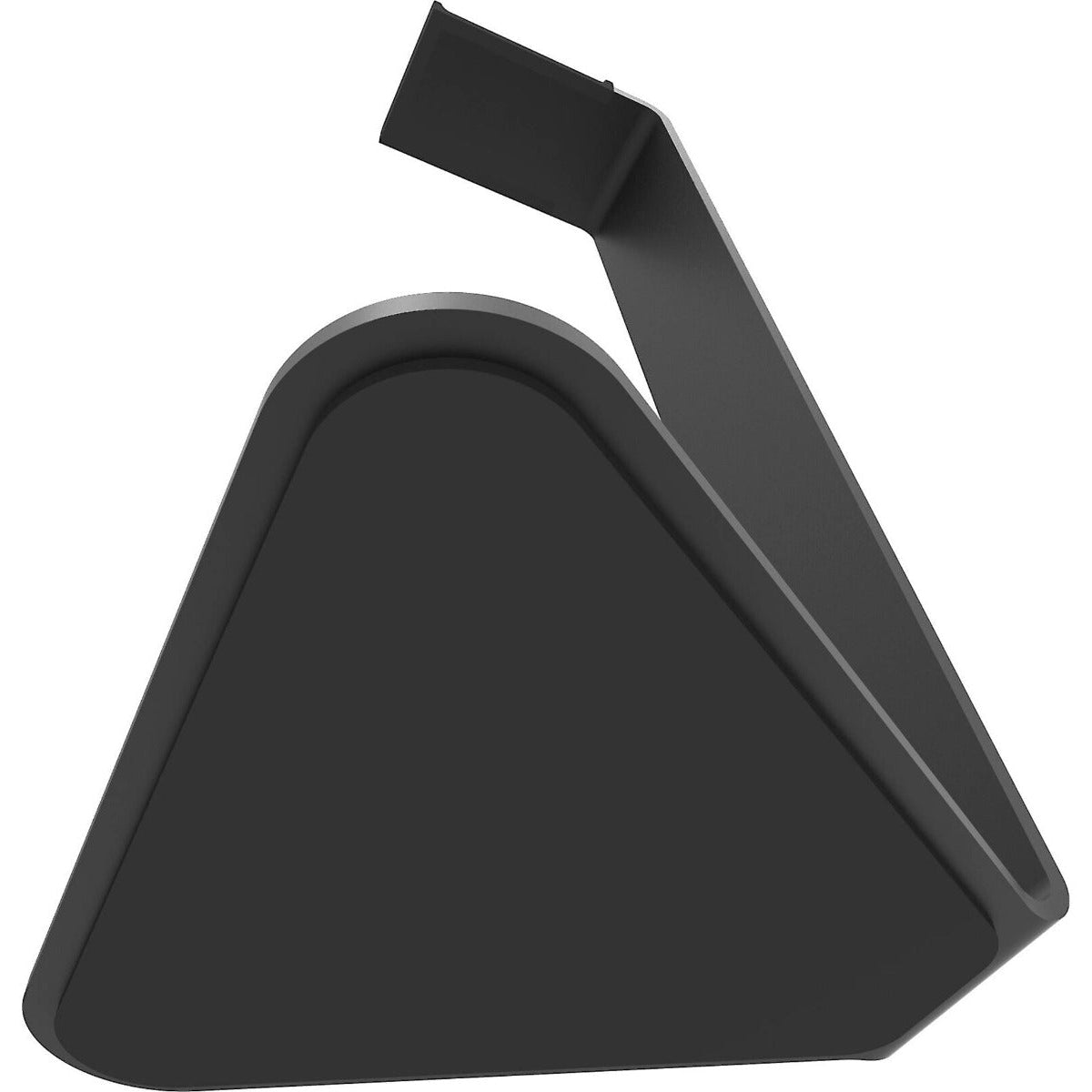Kanto Audio H1 headphone stand with sleek black design, holding a pair of headphones on a modern desk setup.