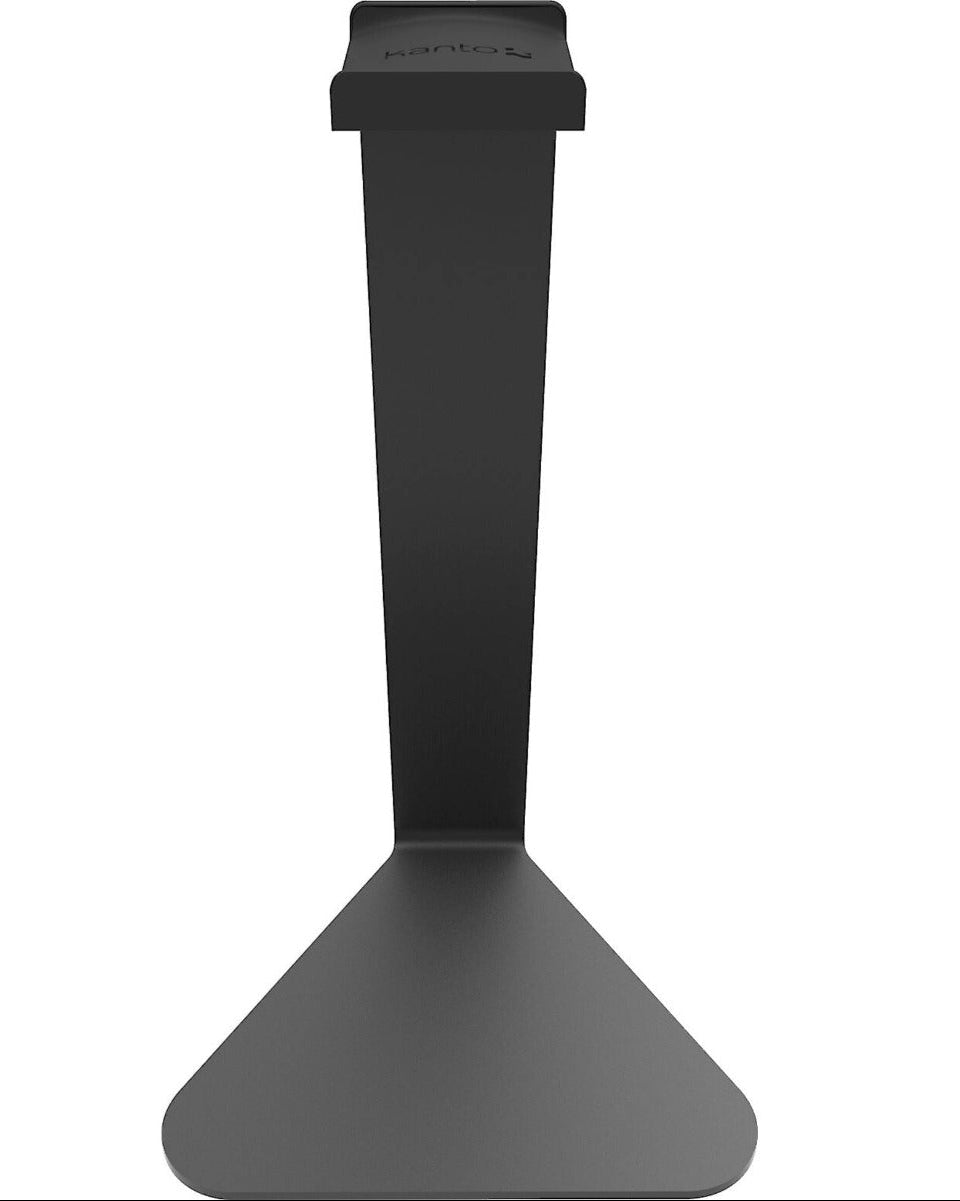Kanto Audio H1 headphone stand with sleek black design, holding a pair of over-ear headphones on a modern desk setup.