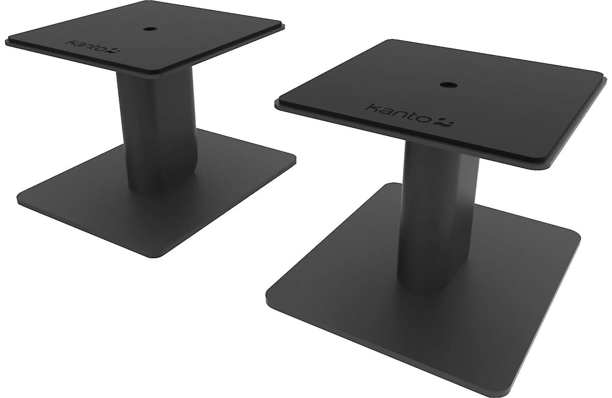Kanto Audio SP6HD 6-inch desktop speaker stands with black finish supporting compact speakers on a desk.