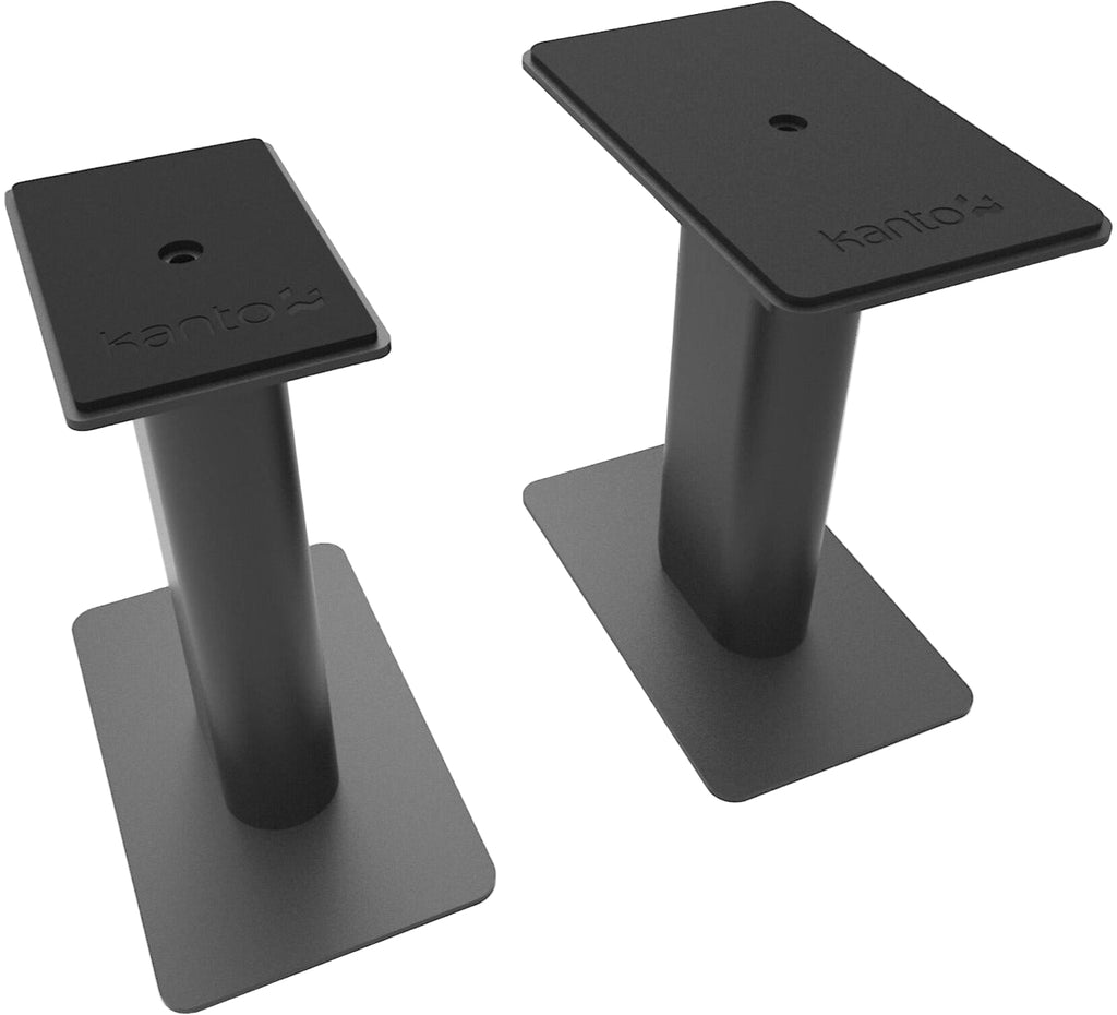 Kanto Audio SP9 9-inch desktop speaker stands holding speakers in a modern workspace setup.