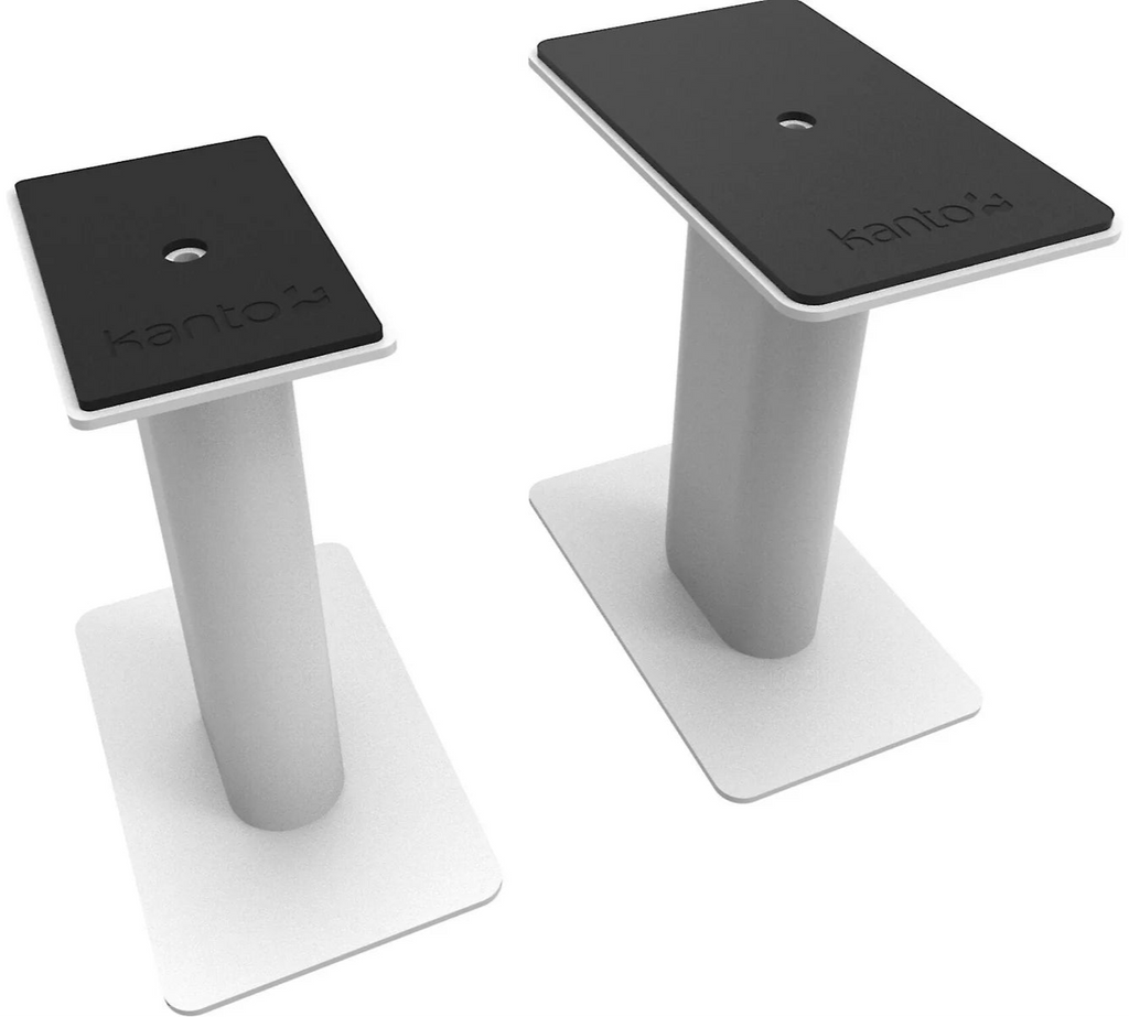 Kanto Audio SP9 9-inch desktop speaker stands supporting compact speakers on a clean surface.
