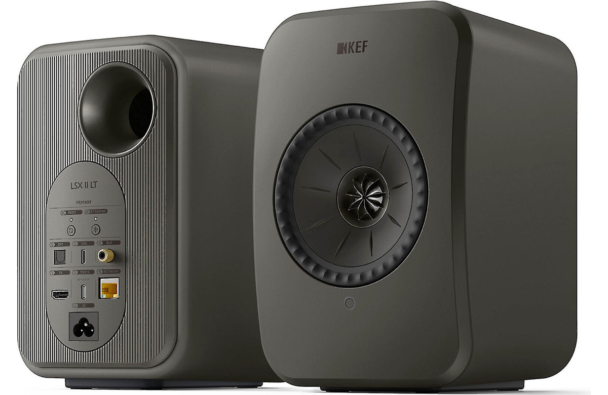 KEF LSX II LT active bookshelf speakers with sleek design and black finish, featuring front grille and control knobs.