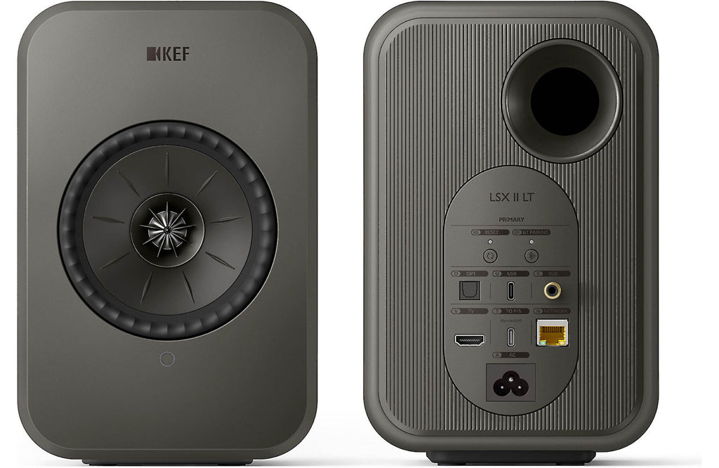 KEF LSX II LT active bookshelf speakers with sleek black finish and modern design, showing the compact speaker units.