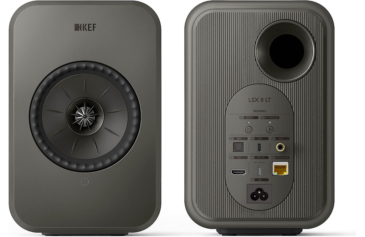 KEF LSX II LT active bookshelf speakers with sleek black finish and modern design, showing the compact speaker units.
