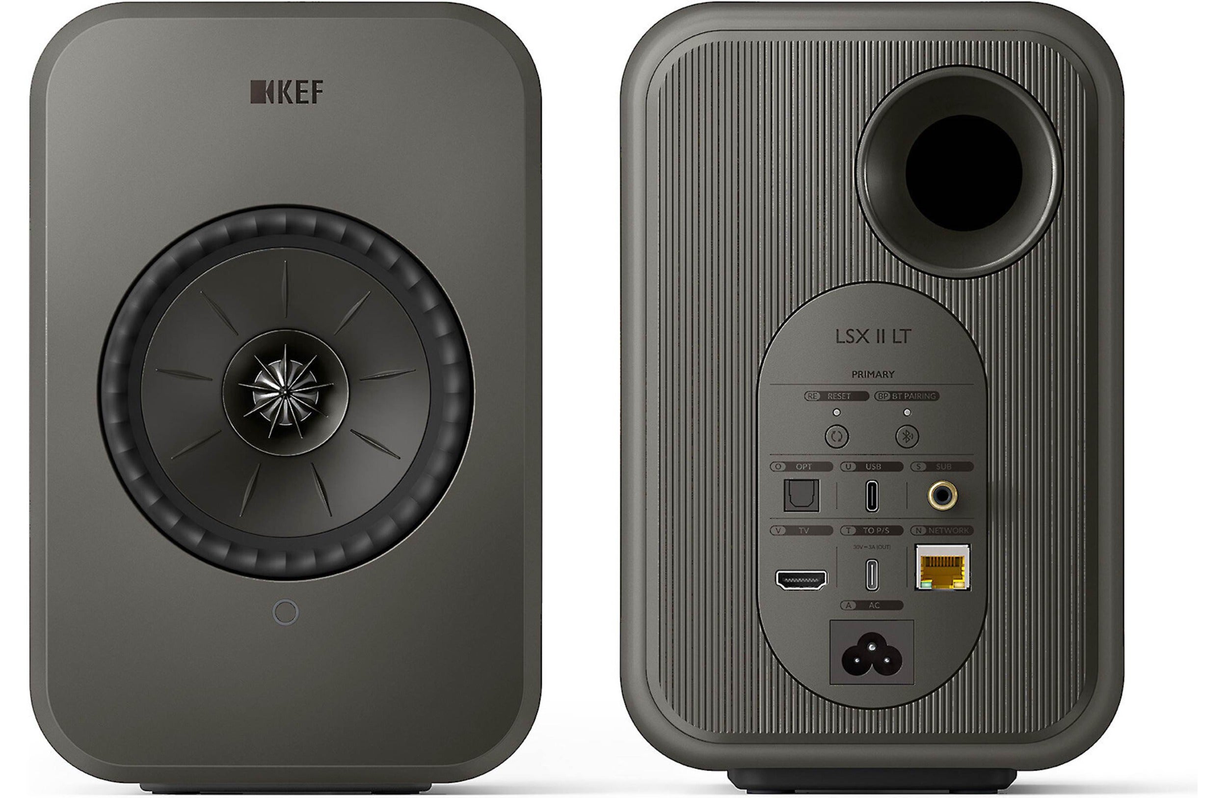 KEF LSX II LT active bookshelf speakers with sleek black finish and modern design, showing the compact speaker units.