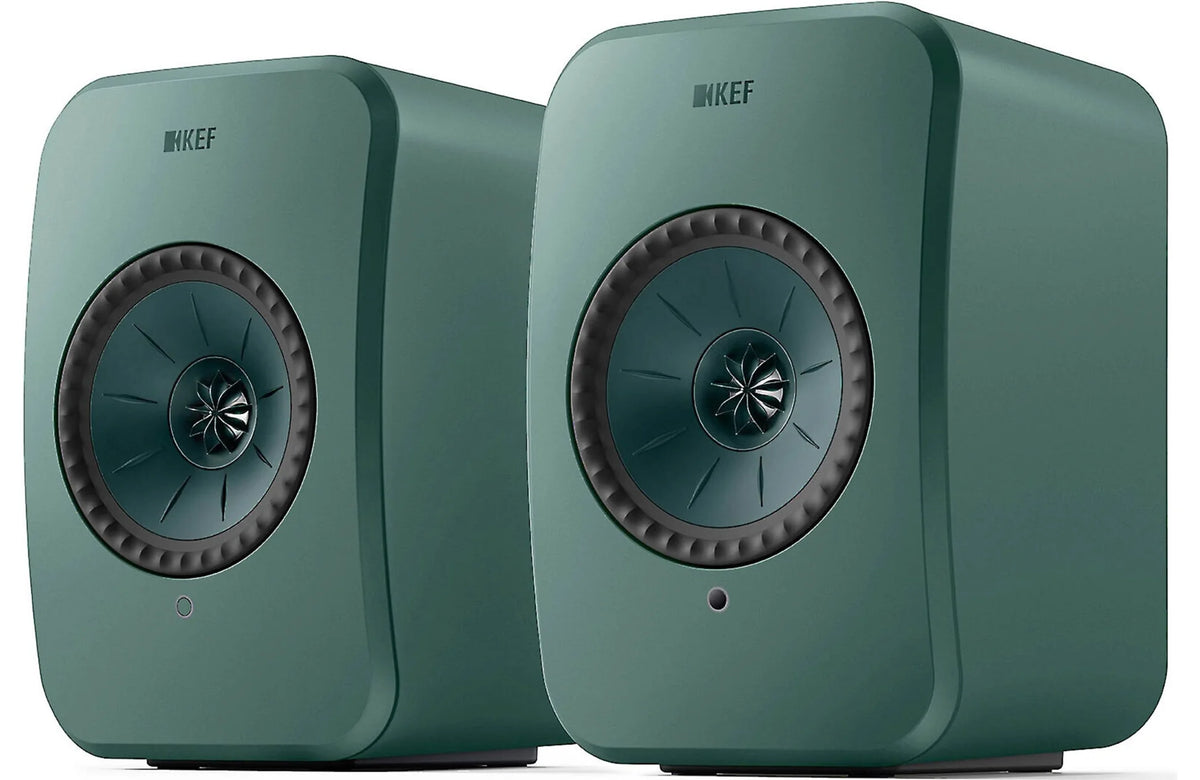 KEF LSX II LT active bookshelf speakers with sleek black finish and modern design, shown from a front angle.