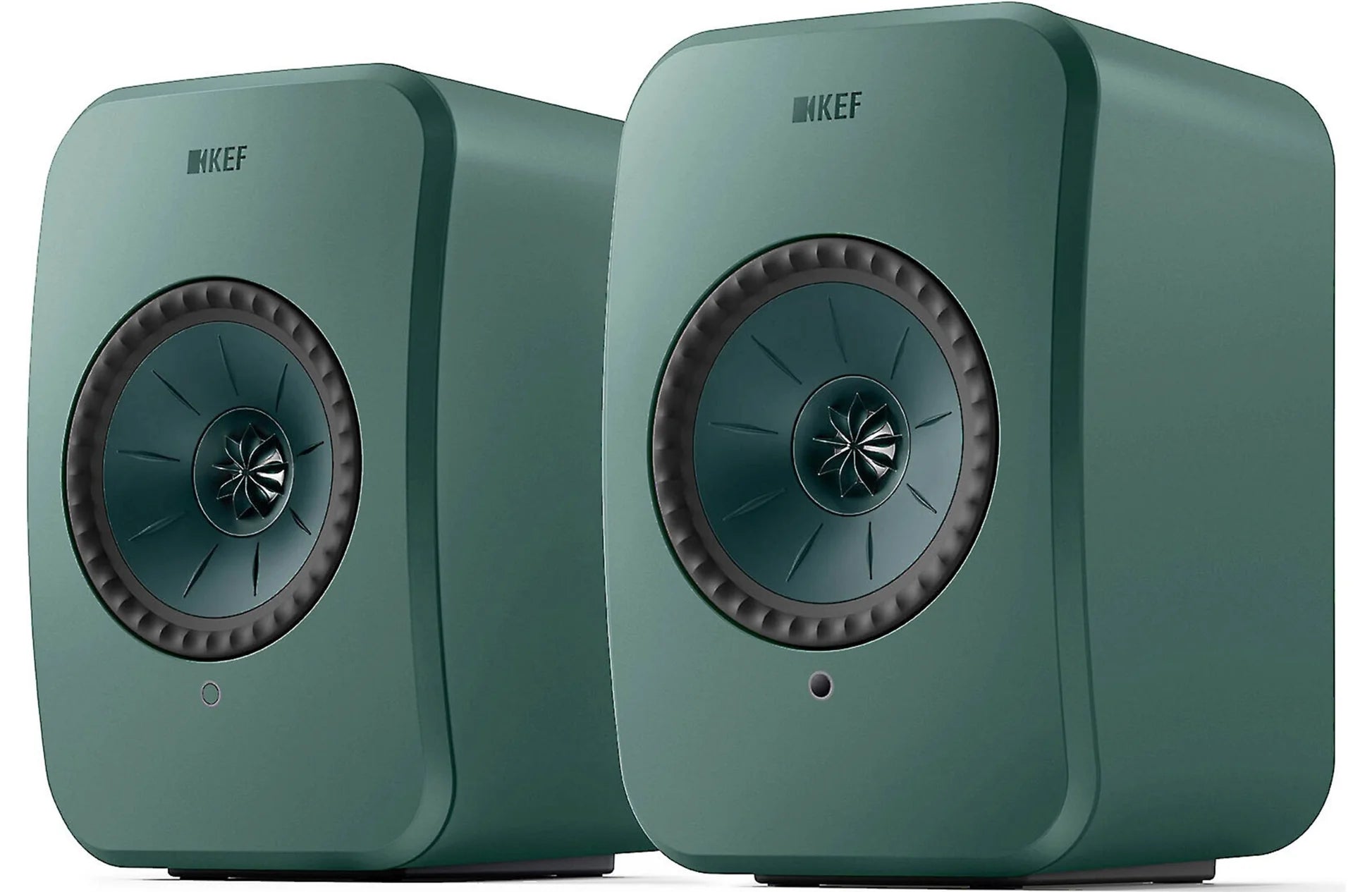 KEF LSX II LT active bookshelf speakers with sleek black finish and modern design, shown from a front angle.