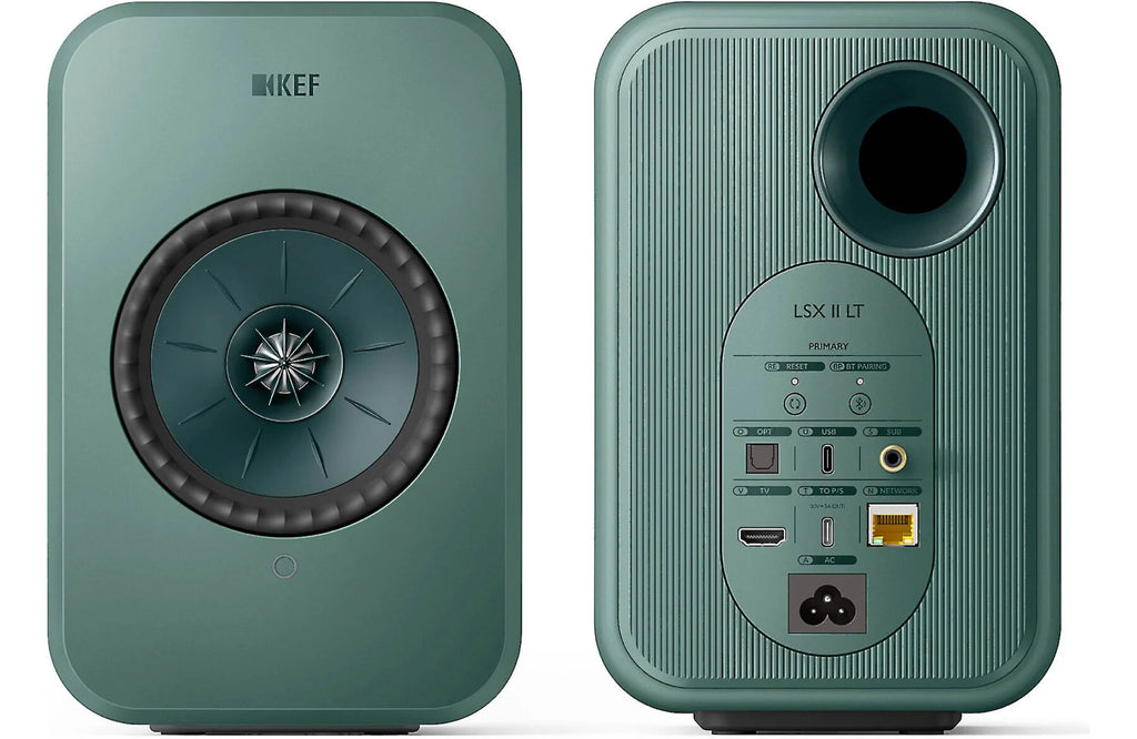 KEF LSX II LT active bookshelf speakers with sleek black finish and compact design, showing front view with speaker grille removed