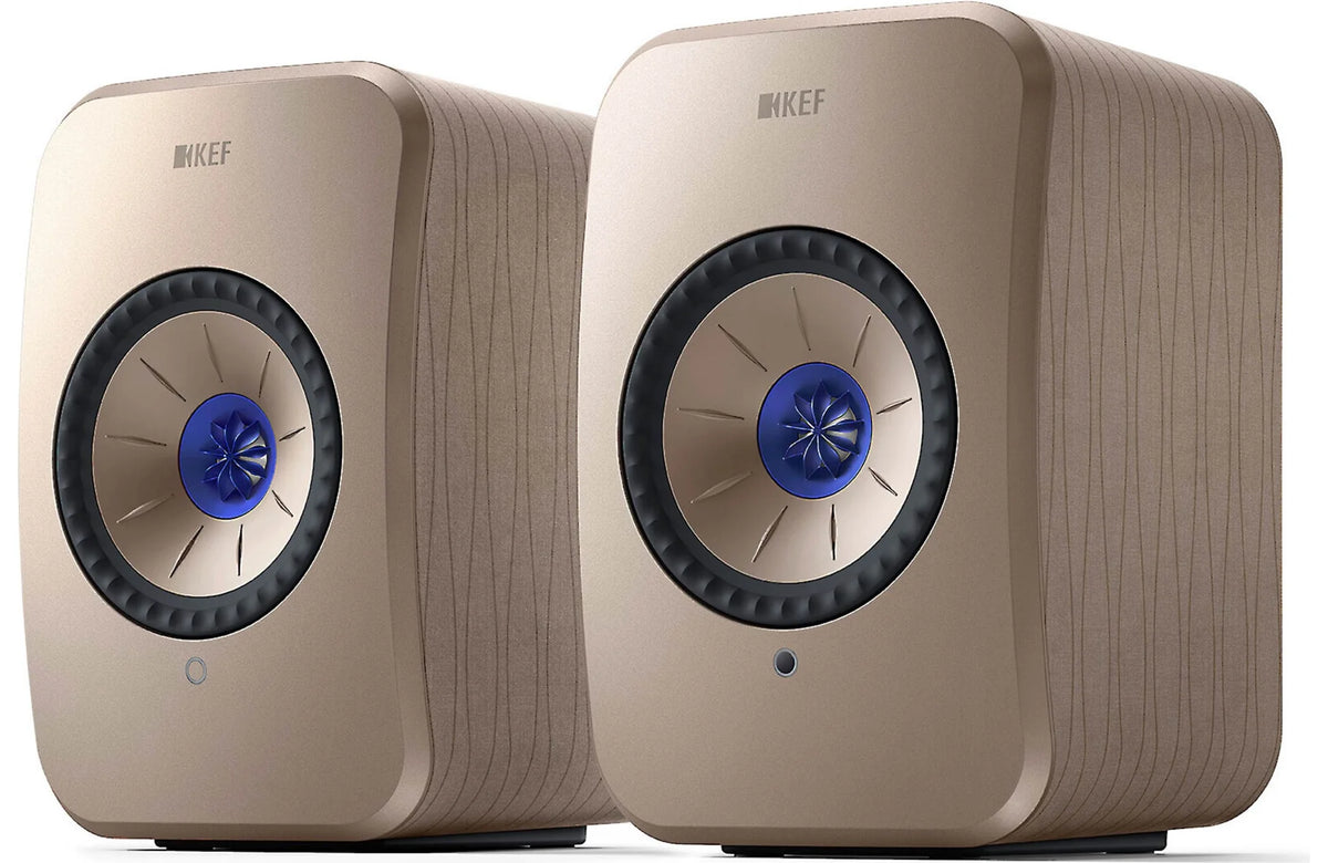 KEF LSX II active bookshelf speakers in white, showcasing sleek modern design with drivers and control panels visible.