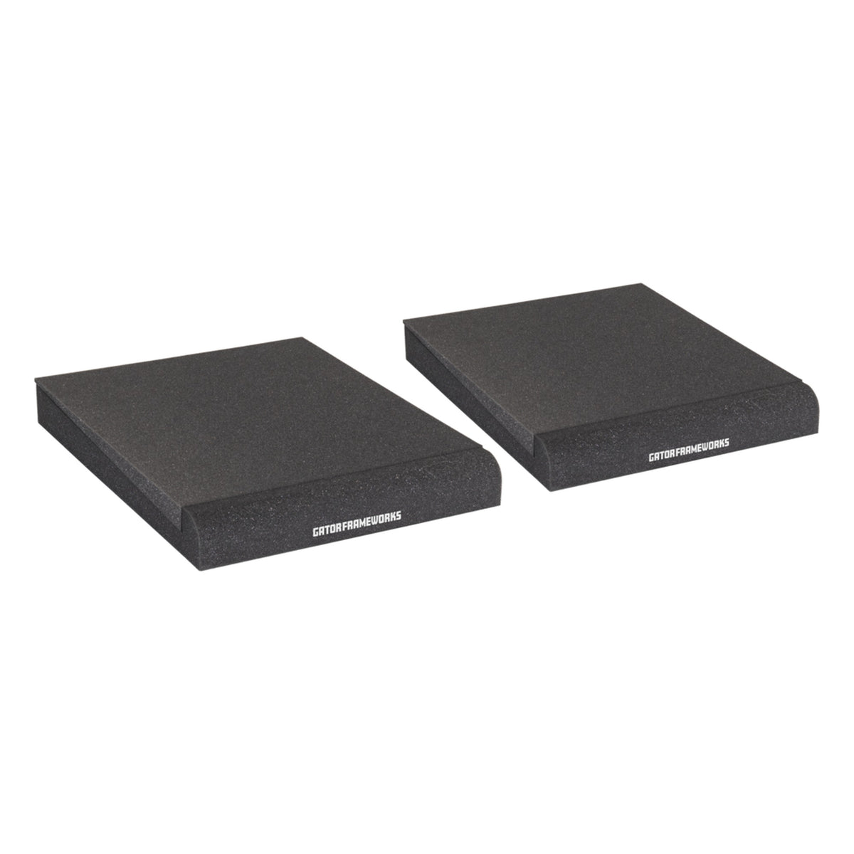 Gator Studio Monitor Isolation Pads placed on studio monitor stands for sound isolation and improved audio clarity