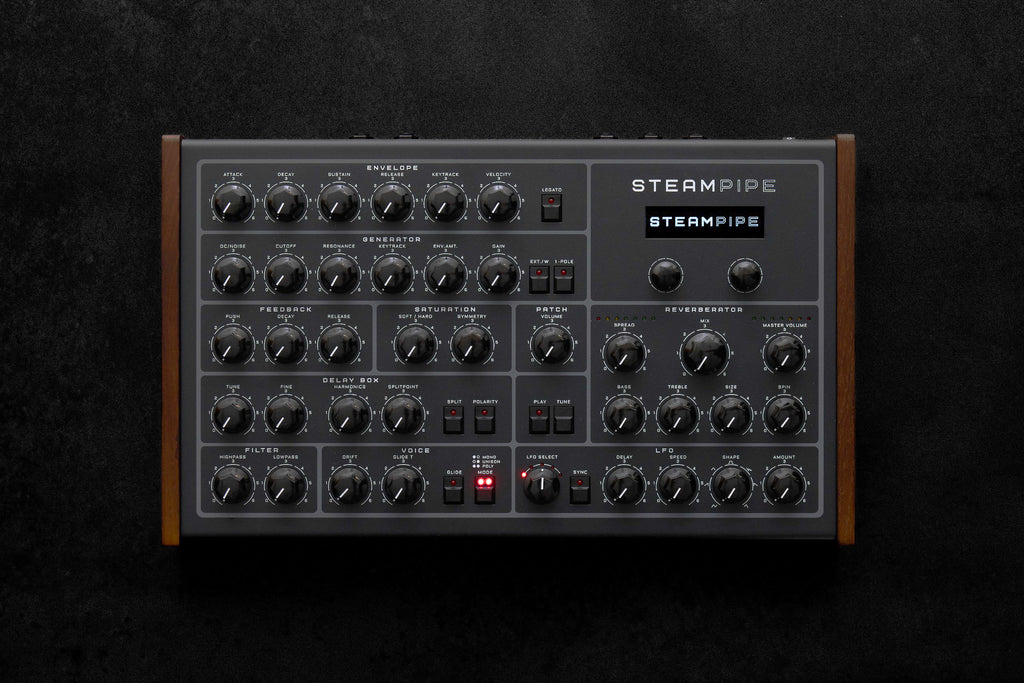 Erica Synths Steampipe desktop synthesizer with multiple knobs and patch points, black casing, and vintage-inspired design.