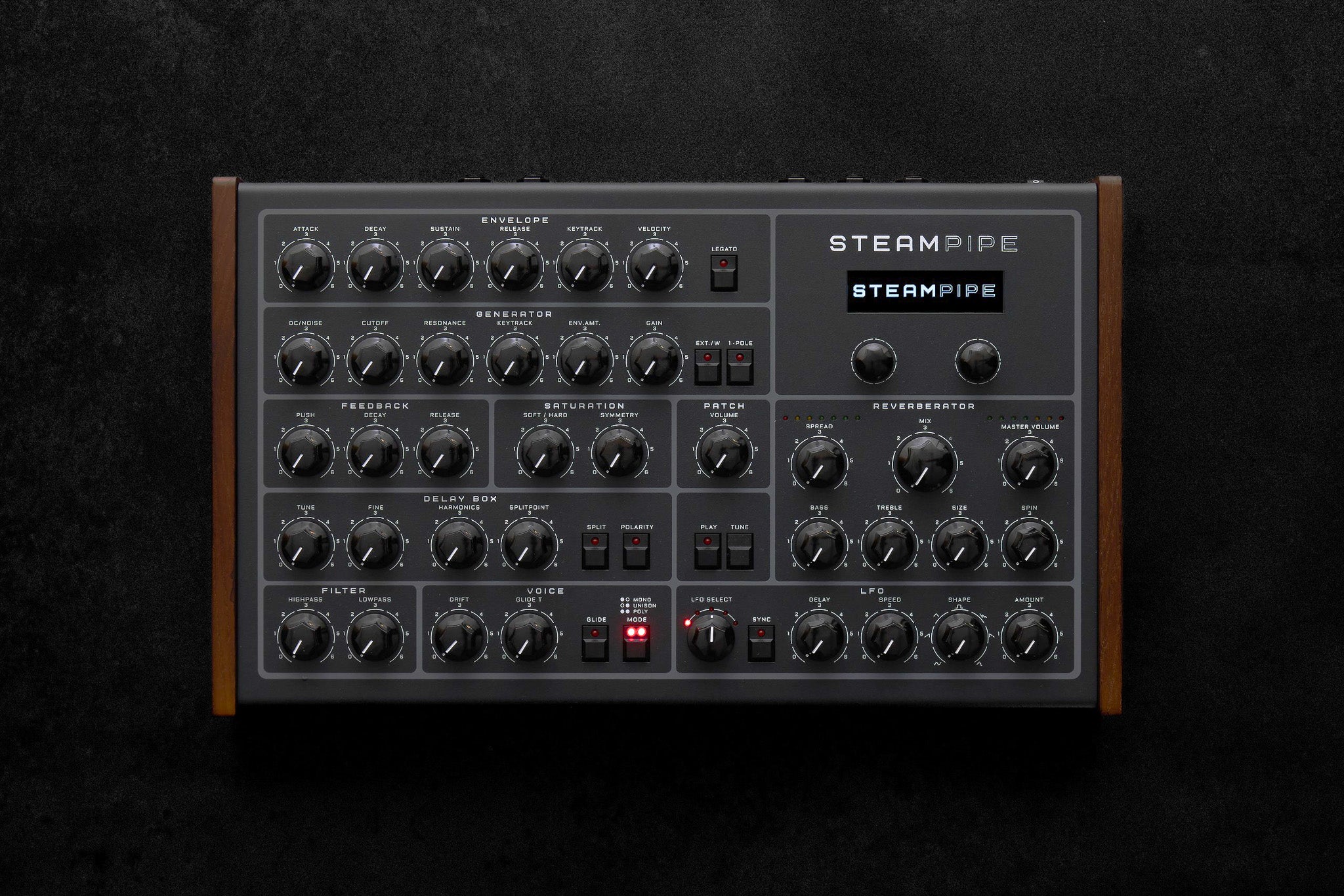 Erica Synths Steampipe desktop synthesizer with multiple knobs and patch points, black casing, and vintage-inspired design.