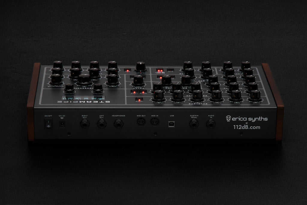 Erica Synths Steampipe desktop synthesizer with colorful knobs and patch points on a compact metal case.