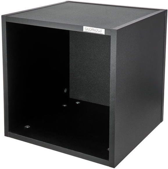 Glorious Record Box 110 DJ table with sturdy wooden surface and metal frame for vinyl record storage and DJ setups.