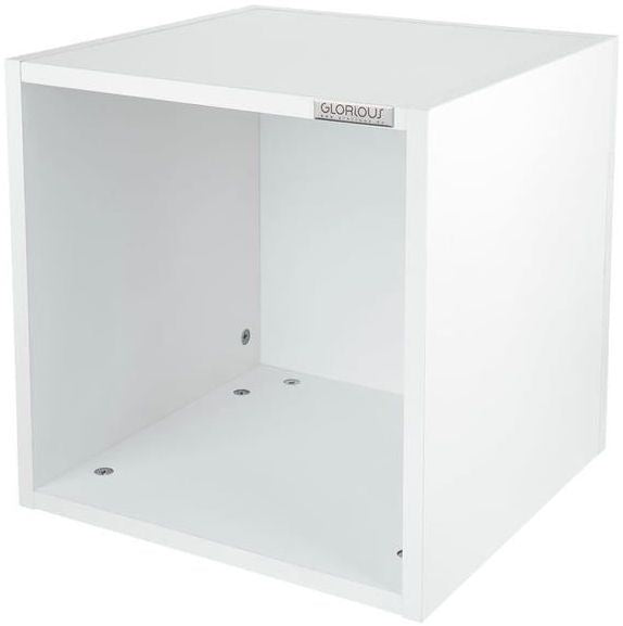 White Glorious Record Box 110 DJ table and furniture for vinyl records, showcasing its sturdy design and compact storage.